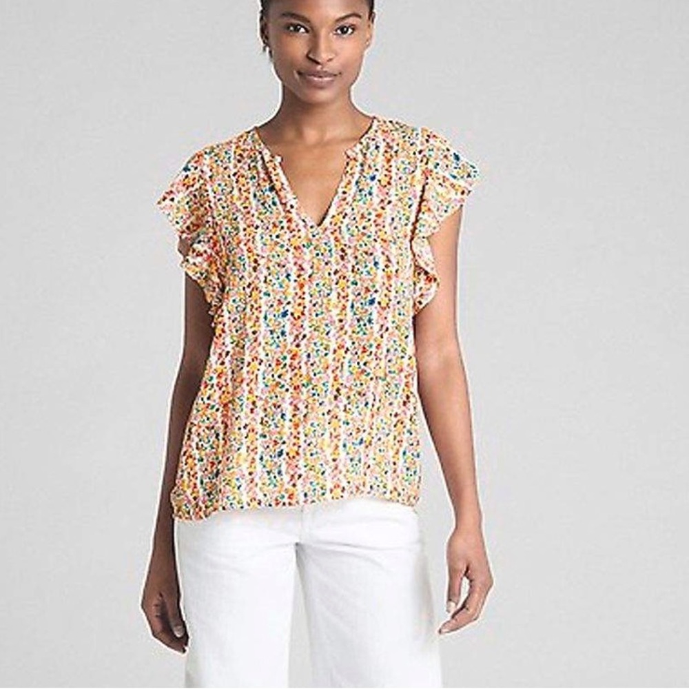 GAP Multicolor Floral V-Neck Ruffle Sleeve Blouse size can
